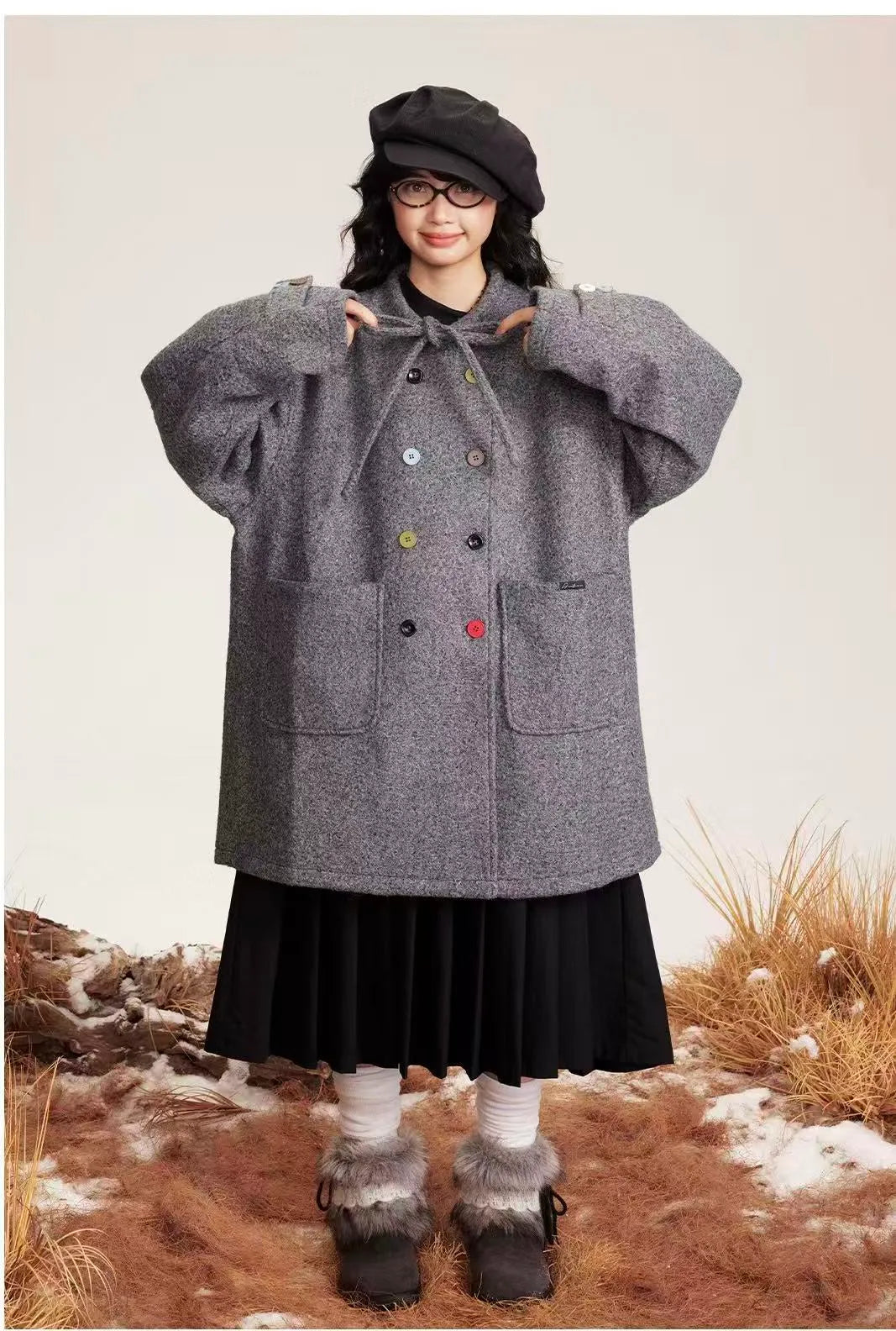 Tie Belt Double Button Collarless Coat   oliviroa オリヴィオラ
