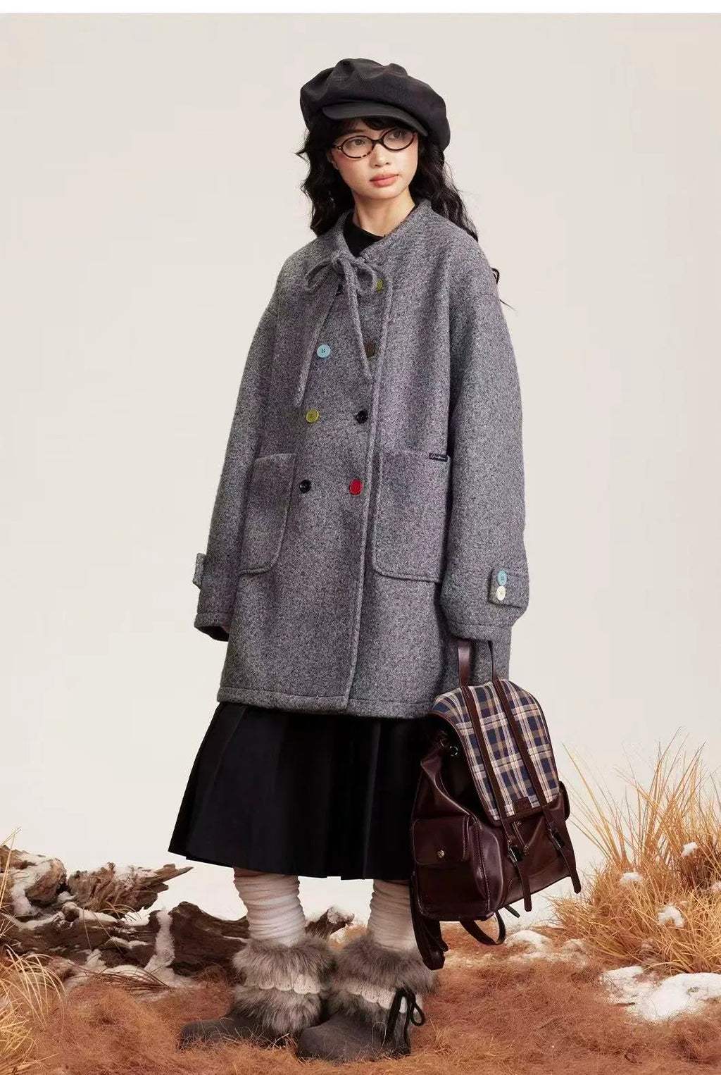 Tie Belt Double Button Collarless Coat OL2147