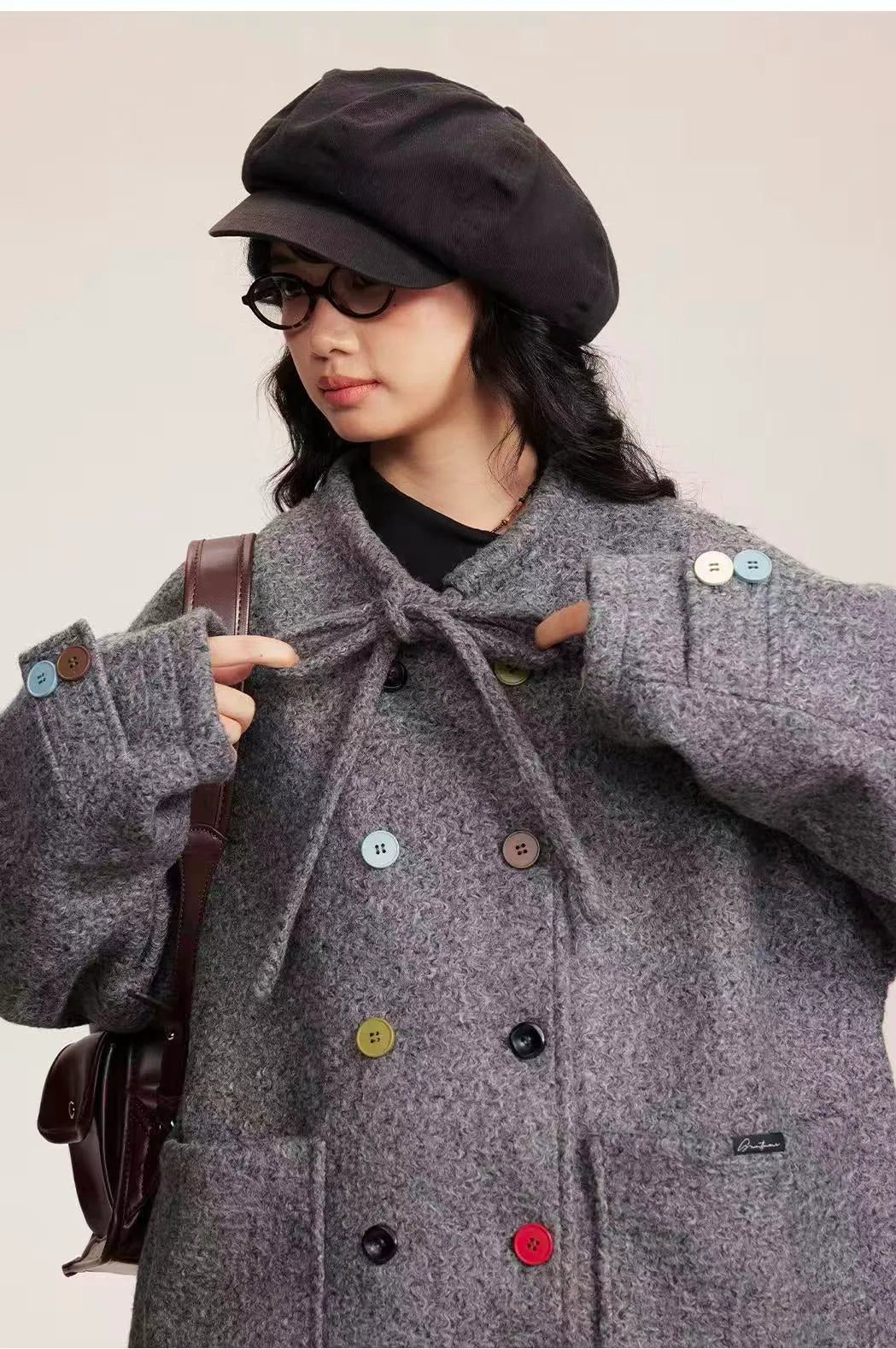 Tie Belt Double Button Collarless Coat OL2147