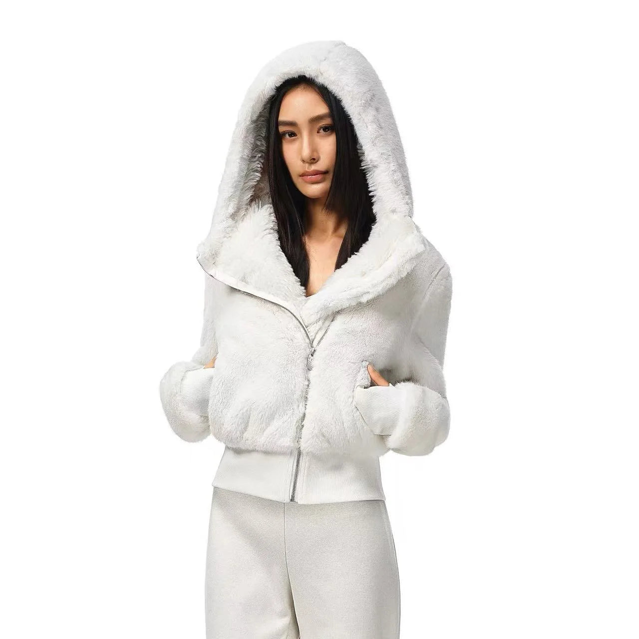 Plush Faux Fur Hooded Short Jacket OL2150
