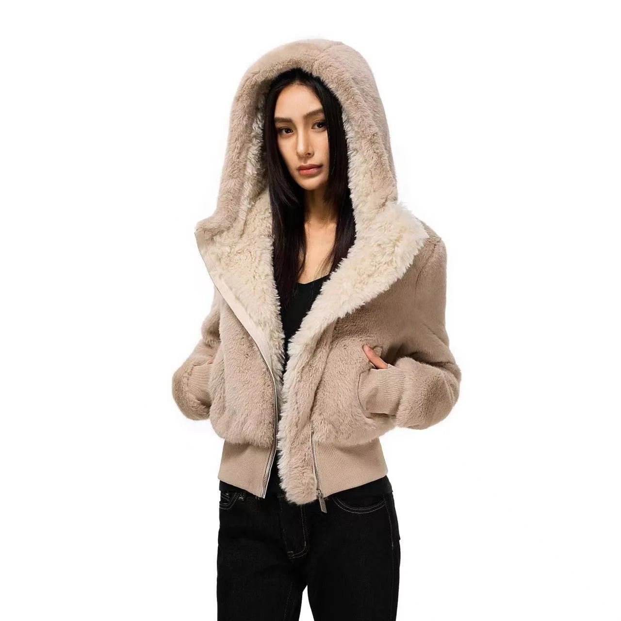 Plush Faux Fur Hooded Short Jacket OL2150