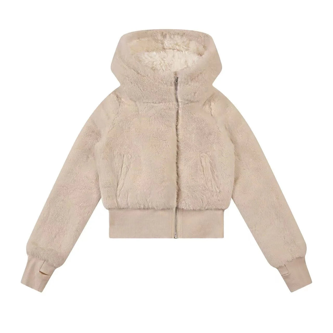 Plush Faux Fur Hooded Short Jacket OL2150