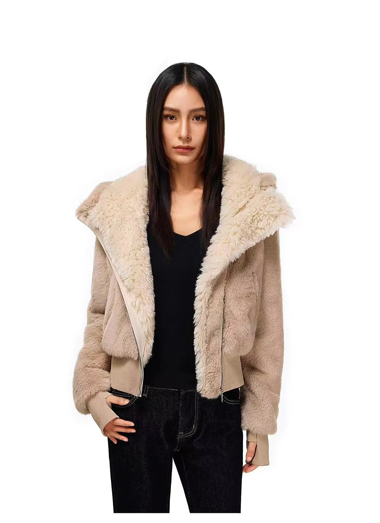 Plush Faux Fur Hooded Short Jacket OL2150