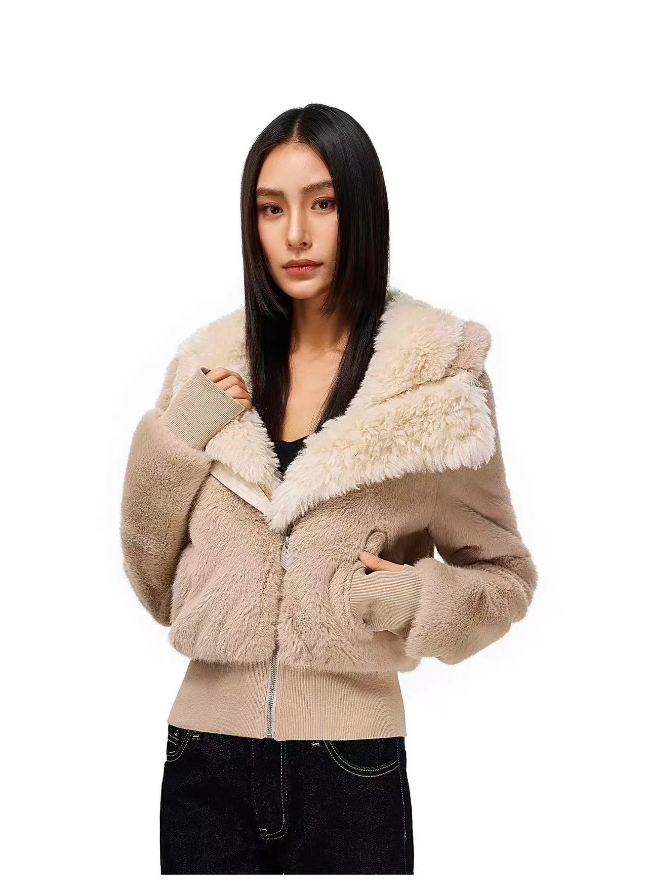 Plush Faux Fur Hooded Short Jacket OL2150