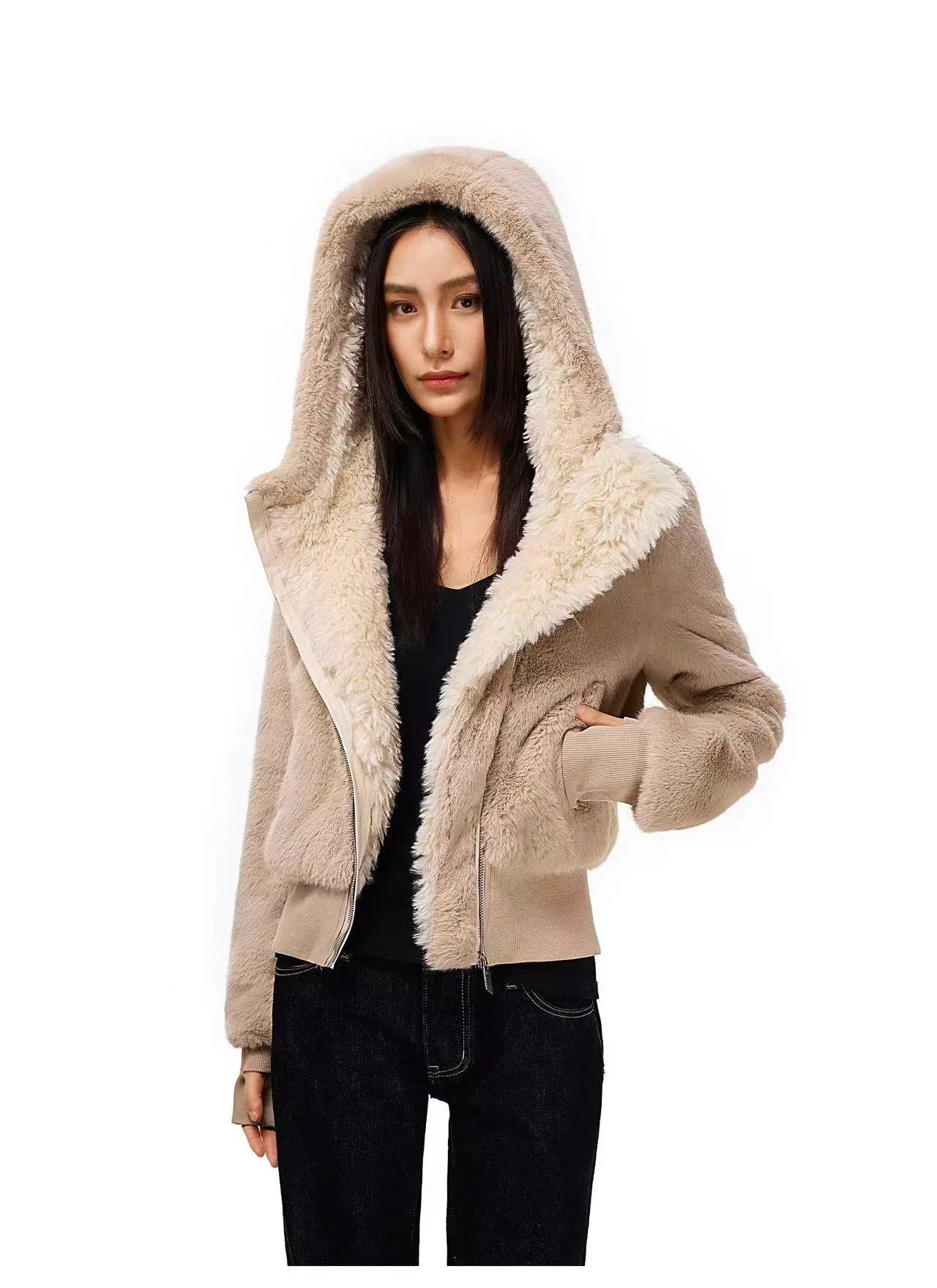 Plush Faux Fur Hooded Short Jacket OL2150