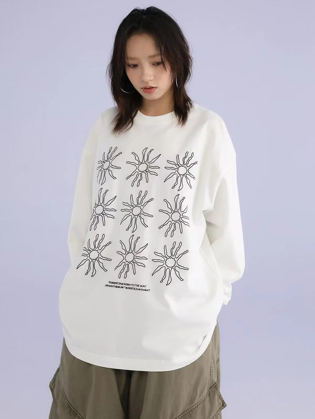 Sunflower Print Relaxed Long Sleeve Tee OL2157