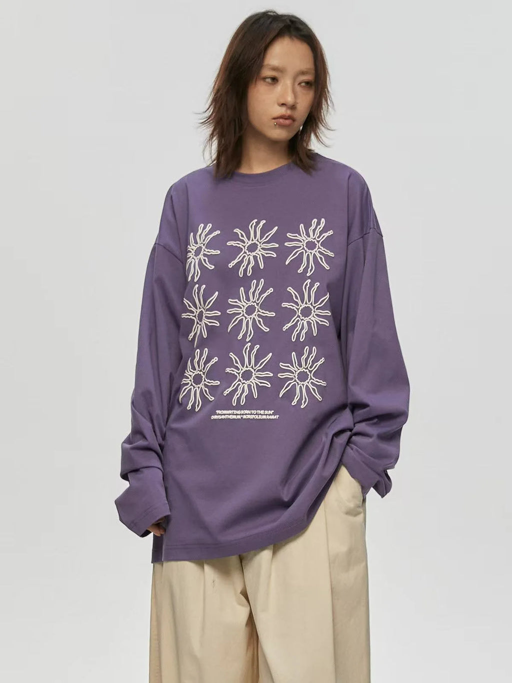 Sunflower Print Relaxed Long Sleeve Tee OL2157