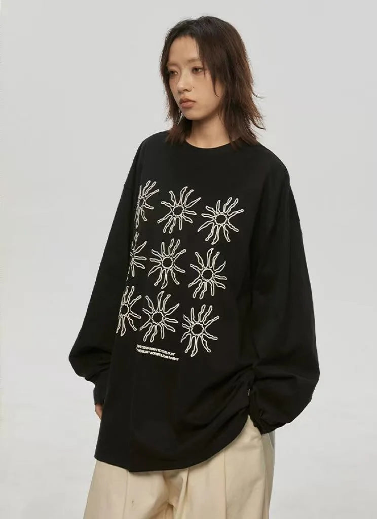 Sunflower Print Relaxed Long Sleeve Tee OL2157
