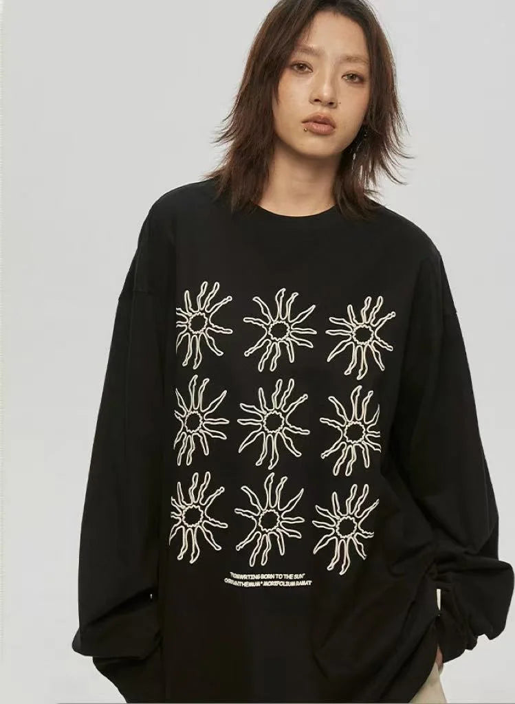 Sunflower Print Relaxed Long Sleeve Tee OL2157
