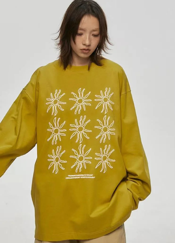 Sunflower Print Relaxed Long Sleeve Tee OL2157