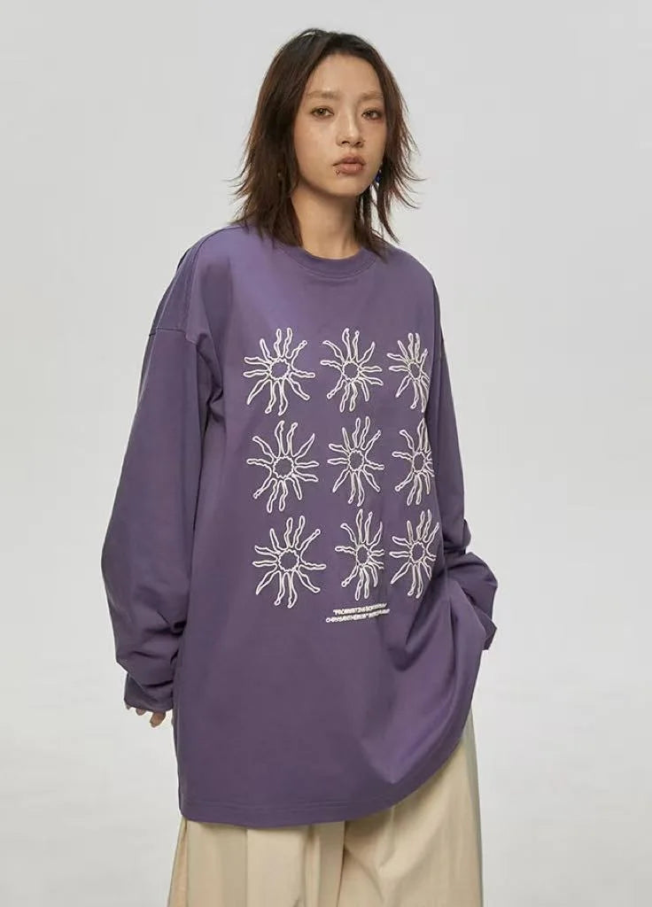 Sunflower Print Relaxed Long Sleeve Tee OL2157