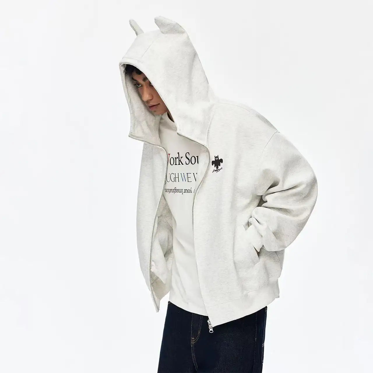 Zip Up Hoodie with Horn Detail High Neck Design   OL2167