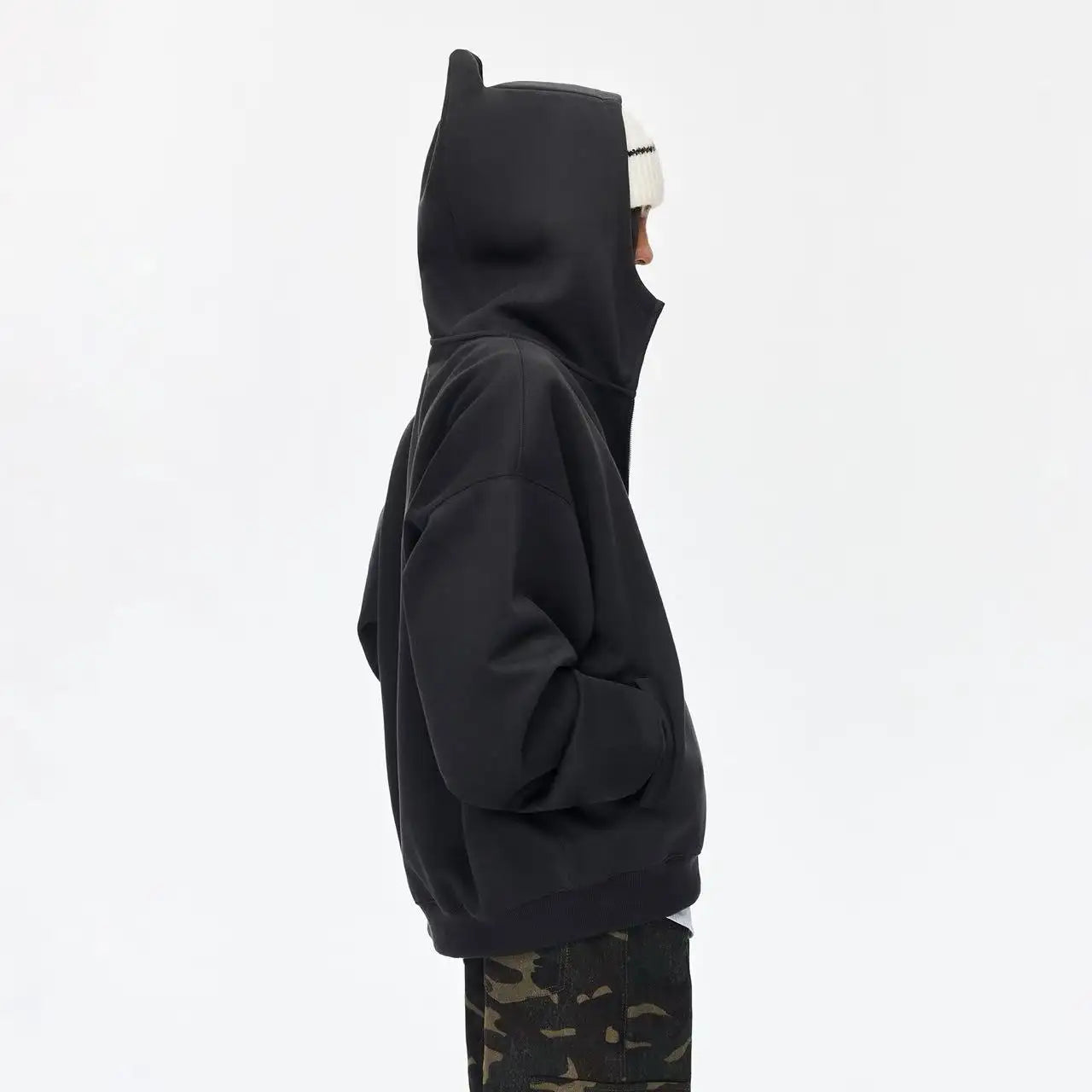 Zip Up Hoodie with Horn Detail High Neck Design   OL2167