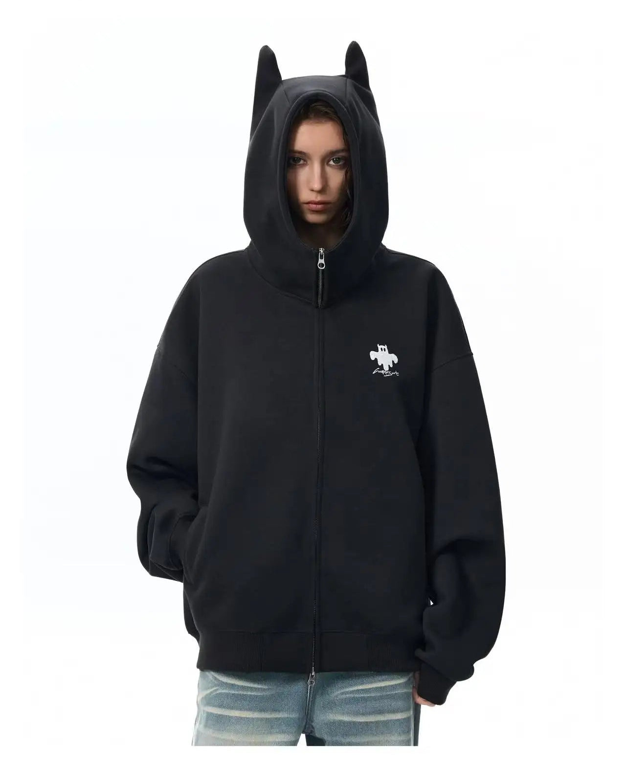 Zip Up Hoodie with Horn Detail High Neck Design   oliviroa オリヴィオラ