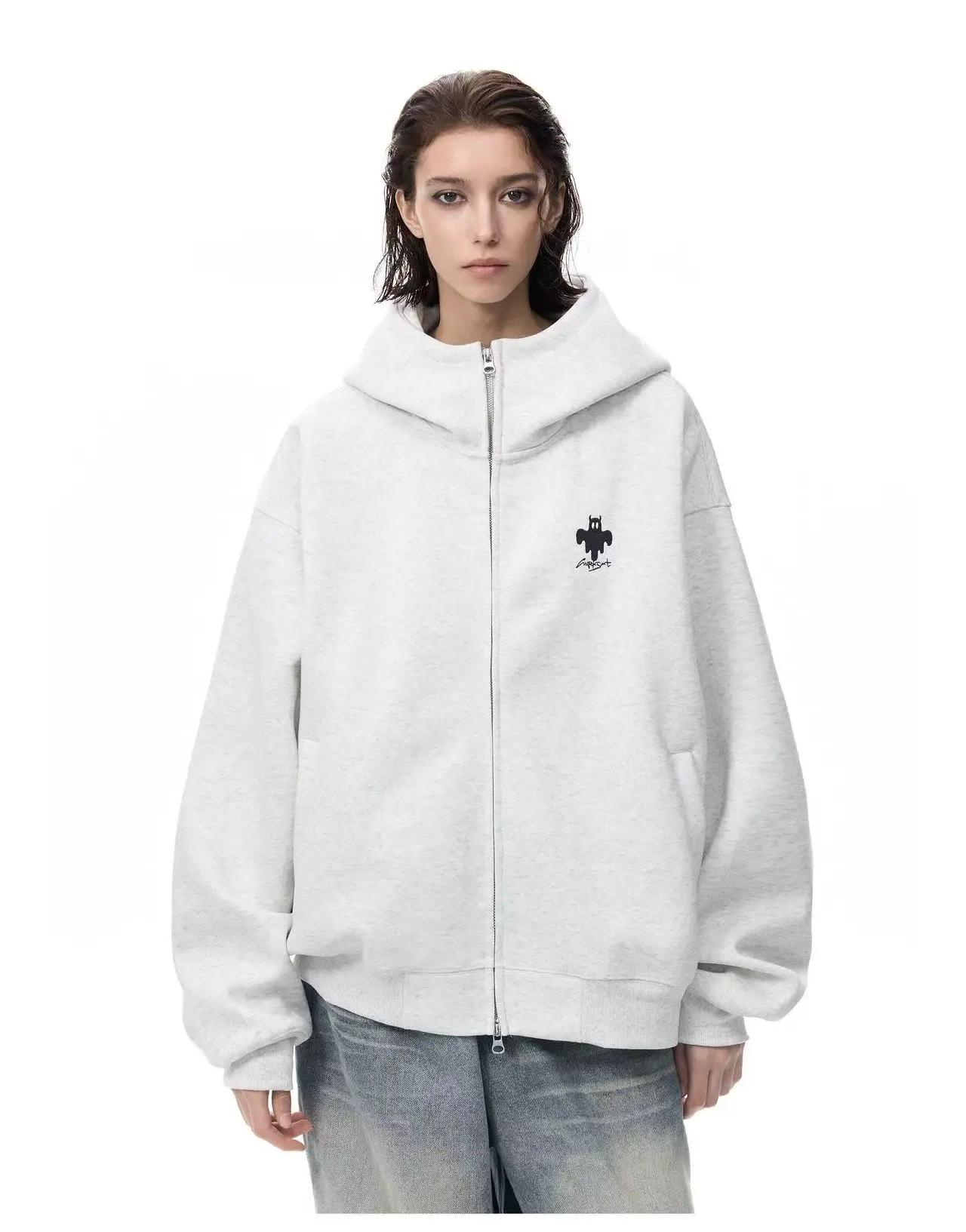 Zip Up Hoodie with Horn Detail High Neck Design   OL2167