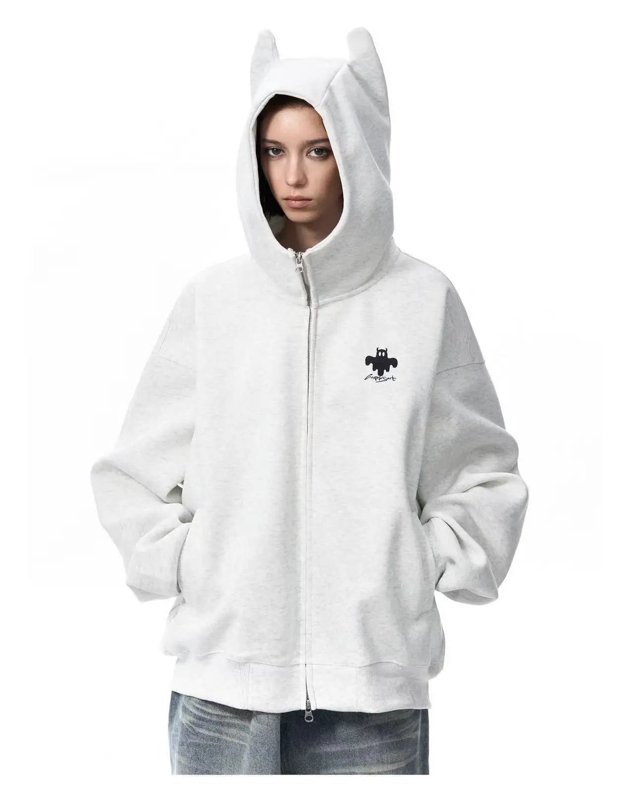 Zip Up Hoodie with Horn Detail High Neck Design   OL2167