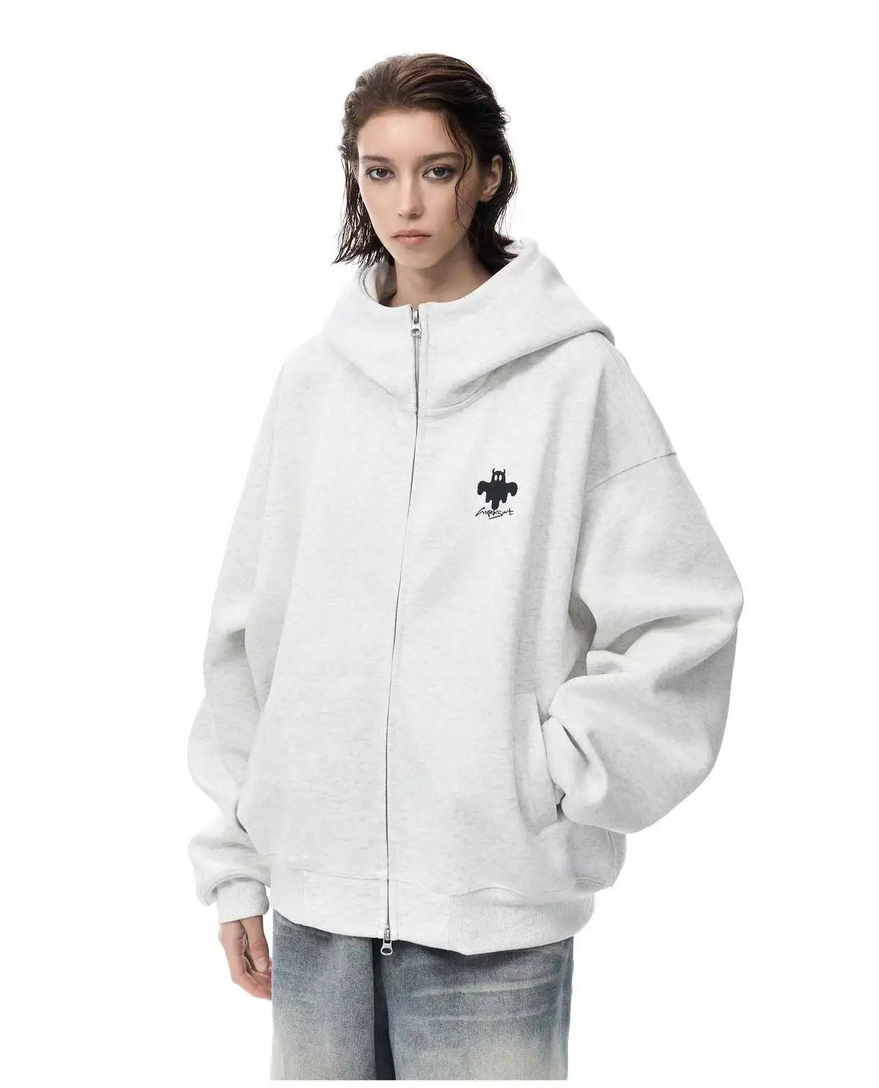 Zip Up Hoodie with Horn Detail High Neck Design   OL2167