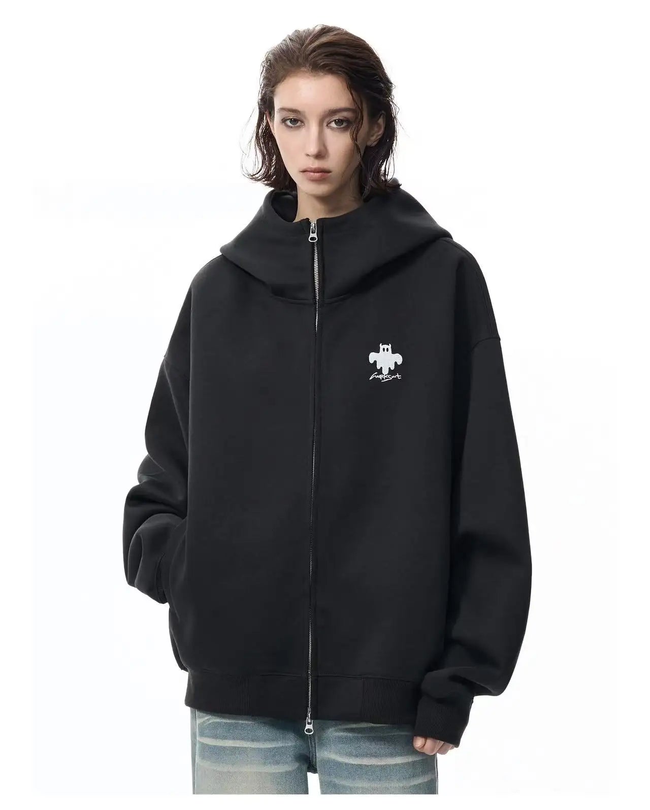 Zip Up Hoodie with Horn Detail High Neck Design   OL2167