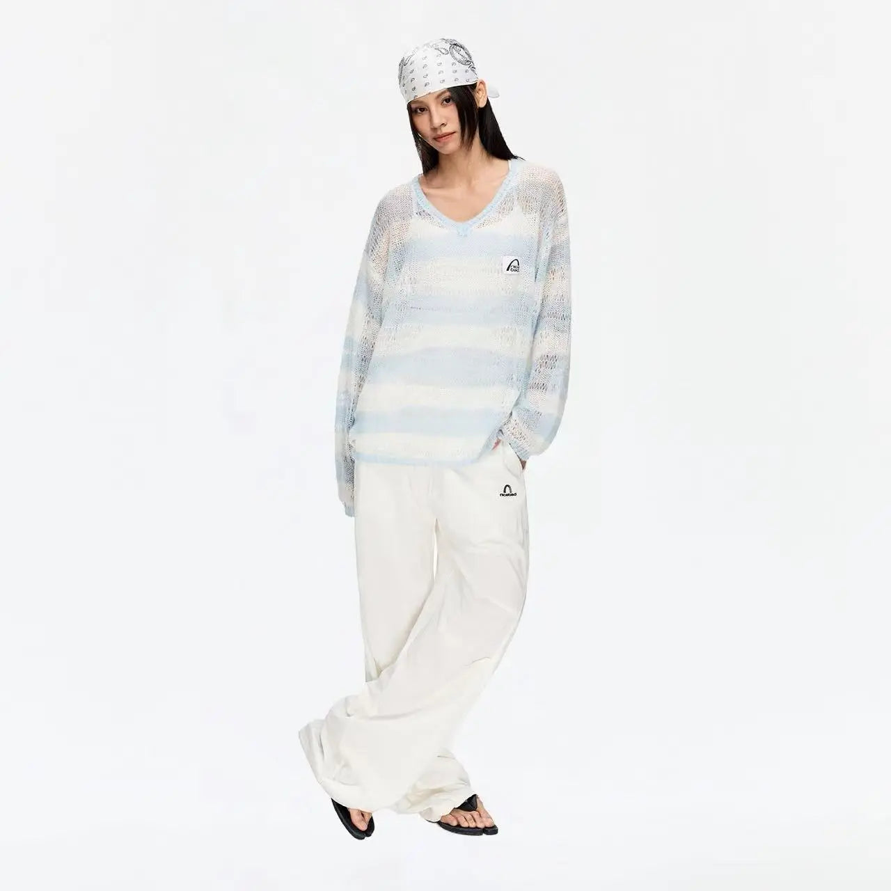 Openwork Stripe V-Neck Cover Top   OL2174