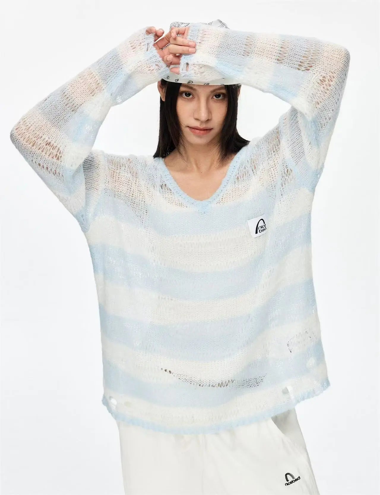 Openwork Stripe V-Neck Cover Top   OL2174