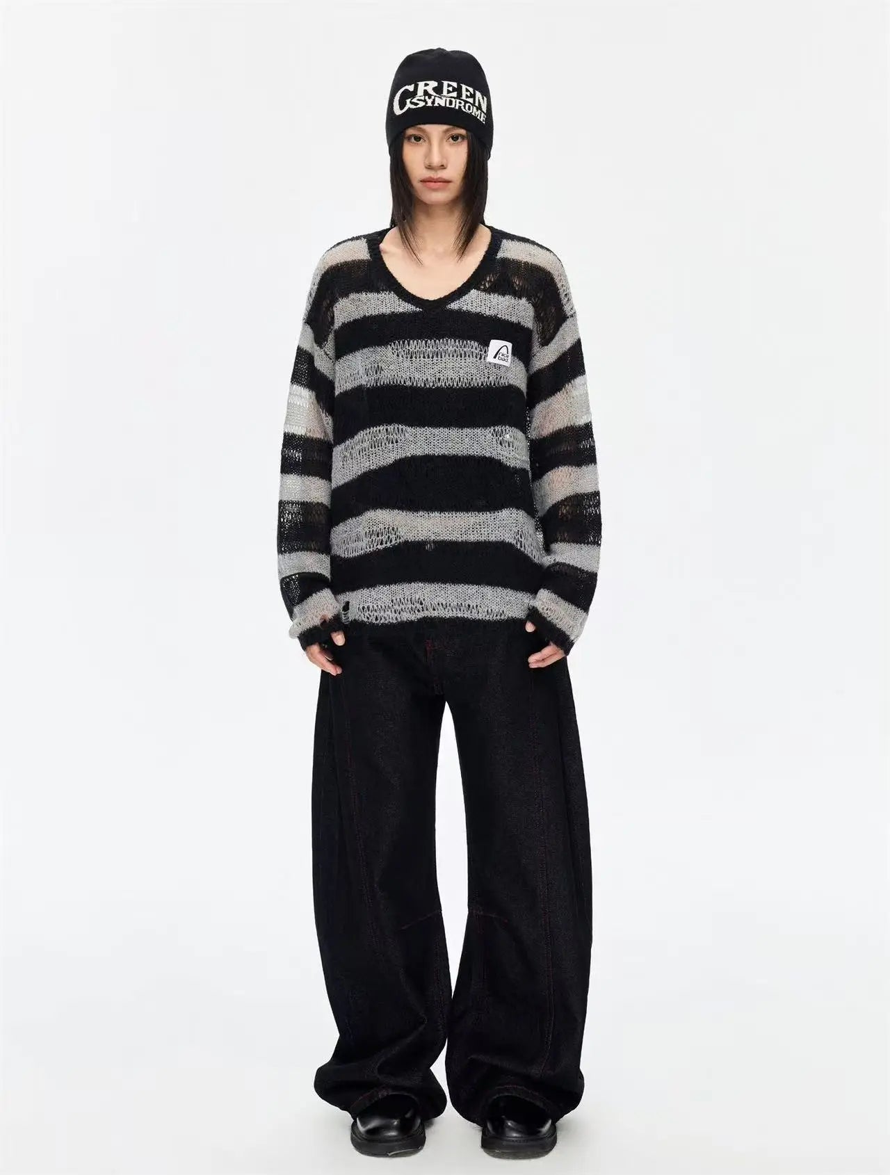 Openwork Stripe V-Neck Cover Top   OL2174