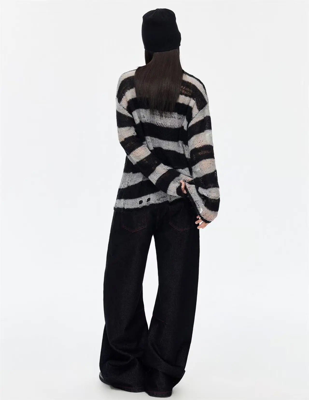Openwork Stripe V-Neck Cover Top   OL2174