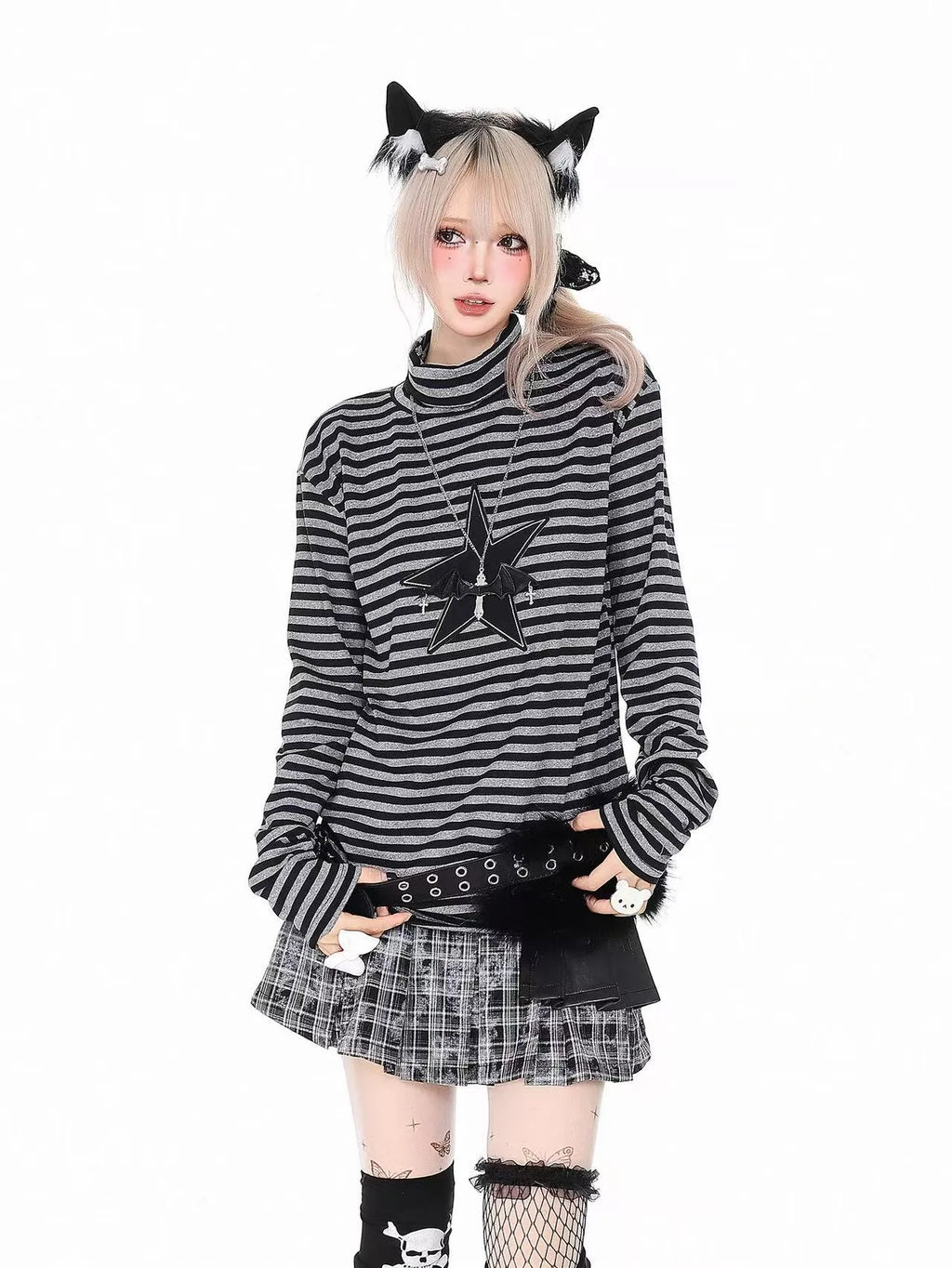 Vintage Star Stripe Mock Neck Long Sleeve Tee   oliviroa オリヴィオラ