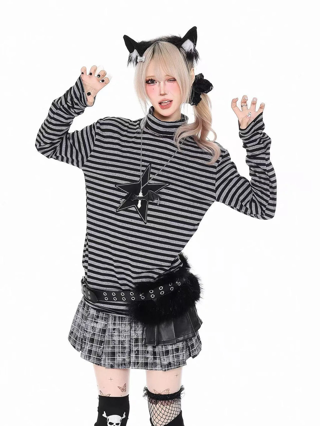 Vintage Star Stripe Mock Neck Long Sleeve Tee   OL2175