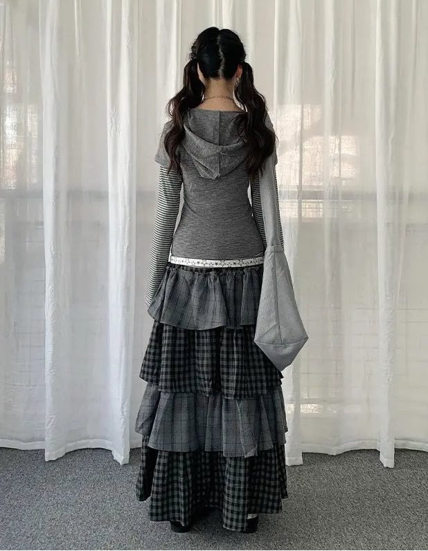 Layered Plaid Panel A Line Long Skirt   OL2182