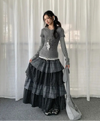 Layered Plaid Panel A Line Long Skirt   OL2182