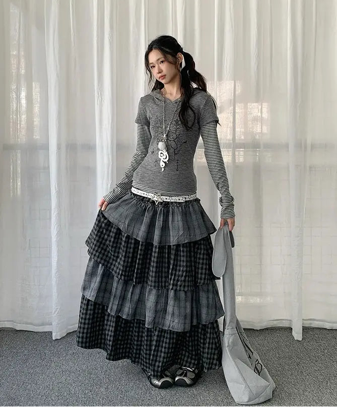 Layered Plaid Panel A Line Long Skirt   OL2182