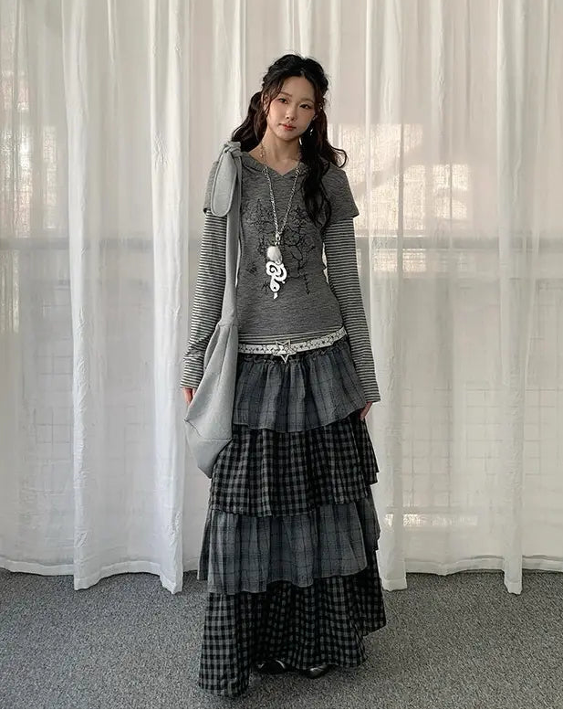 Layered Plaid Panel A Line Long Skirt   OL2182