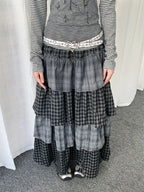 Layered Plaid Panel A Line Long Skirt   oliviroa オリヴィオラ