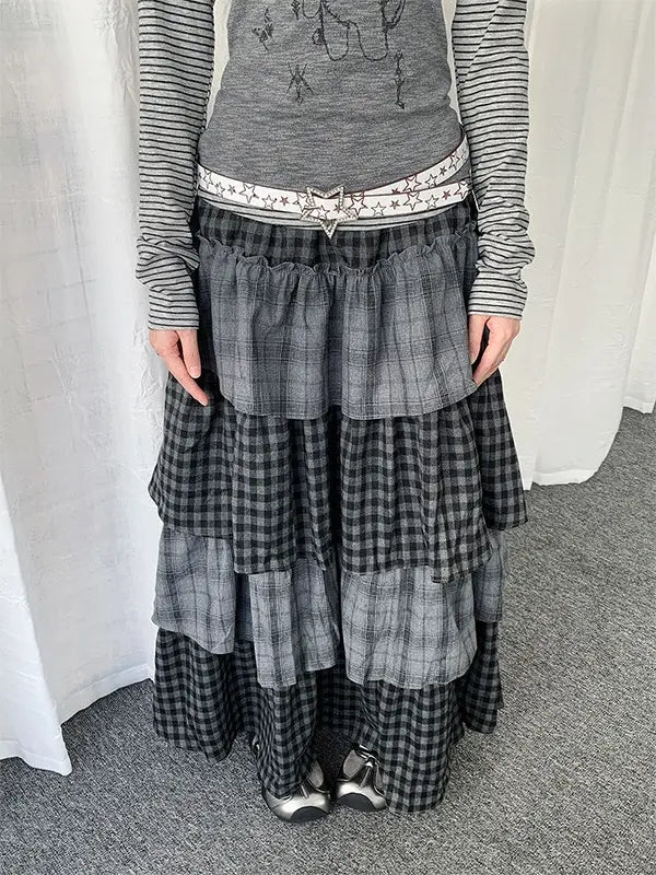 Layered Plaid Panel A Line Long Skirt   oliviroa オリヴィオラ