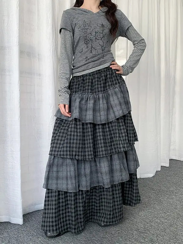 Layered Plaid Panel A Line Long Skirt   OL2182