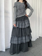 Layered Plaid Panel A Line Long Skirt   OL2182