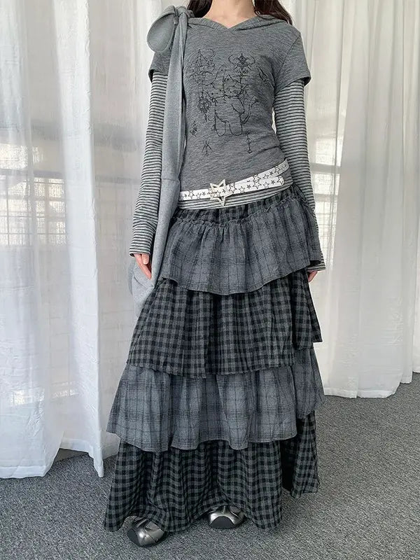 Layered Plaid Panel A Line Long Skirt   oliviroa オリヴィオラ