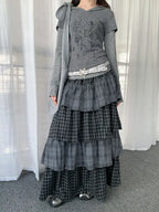 Layered Plaid Panel A Line Long Skirt   oliviroa オリヴィオラ