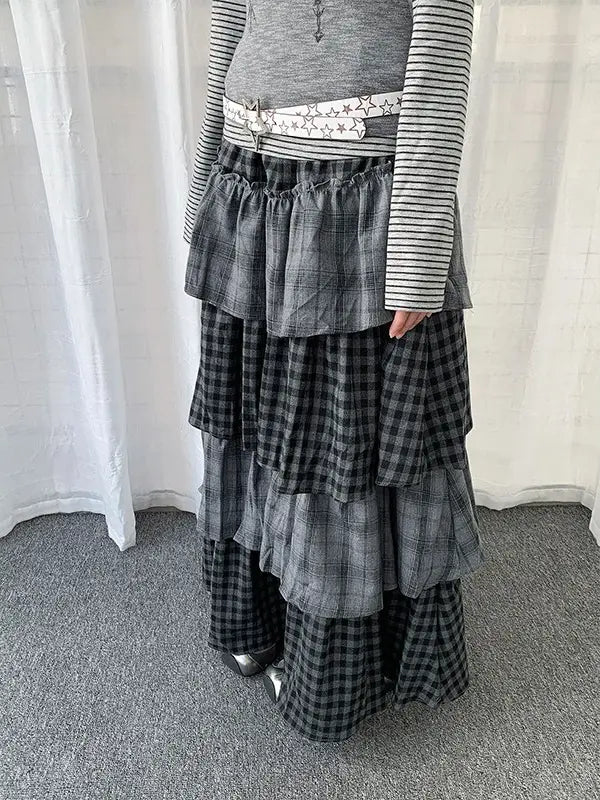 Layered Plaid Panel A Line Long Skirt   OL2182
