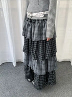 Layered Plaid Panel A Line Long Skirt   OL2182