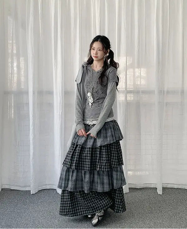 Layered Plaid Panel A Line Long Skirt   OL2182
