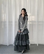 Layered Plaid Panel A Line Long Skirt   OL2182