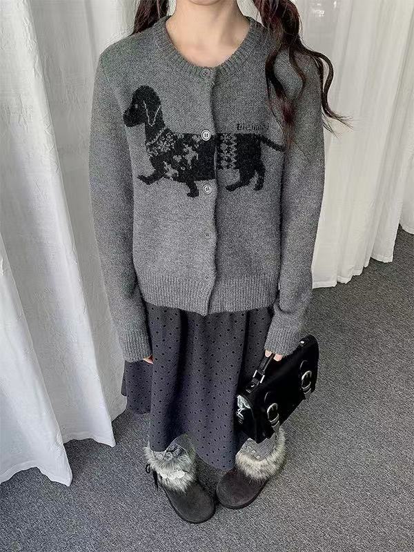 Retro Sausage Dog Jacquard Cardigan   oliviroa オリヴィオラ