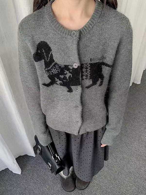 Retro Sausage Dog Jacquard Cardigan   OL2184