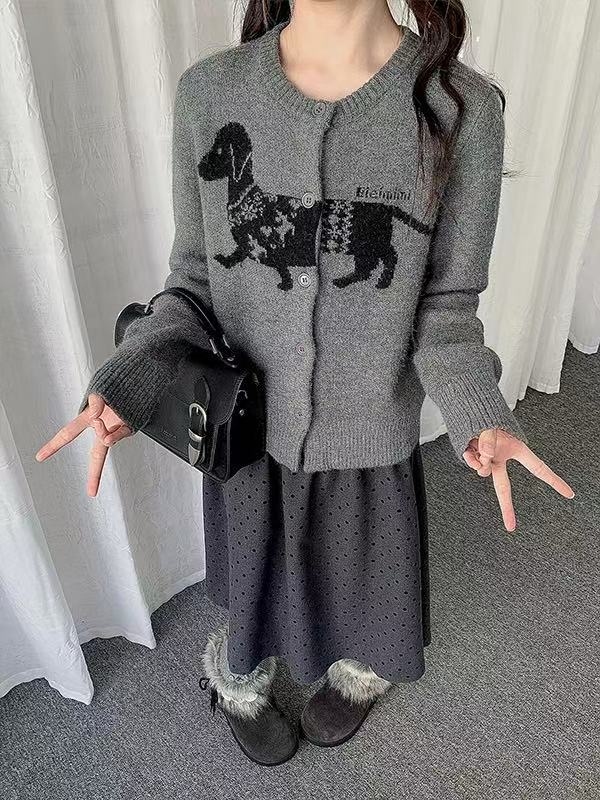 Retro Sausage Dog Jacquard Cardigan   oliviroa オリヴィオラ