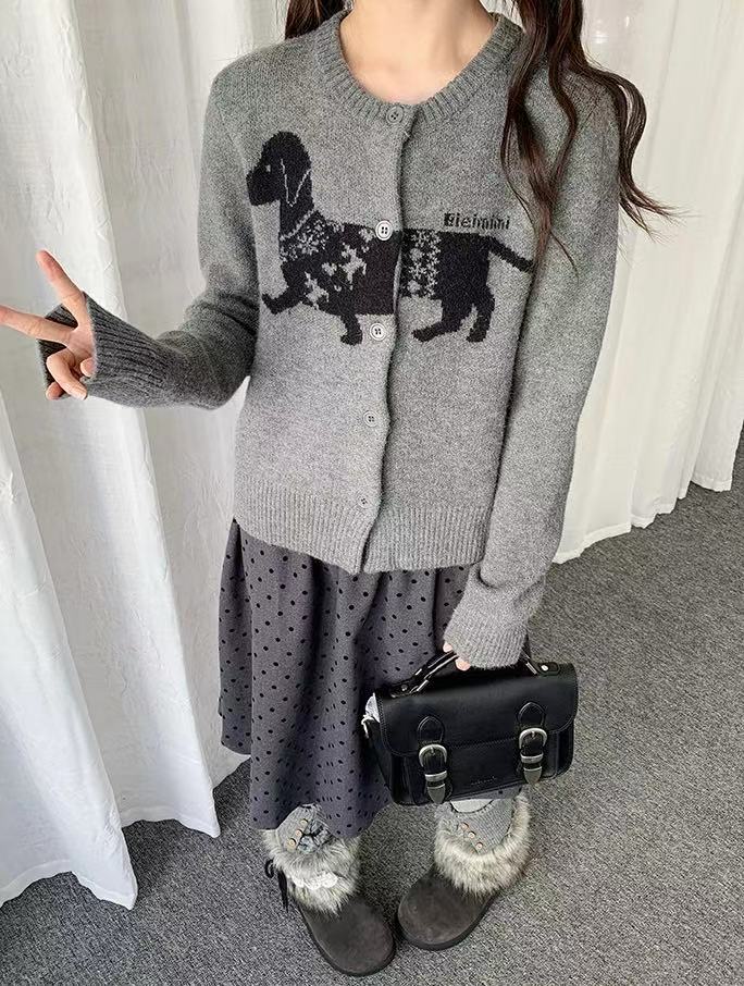 Retro Sausage Dog Jacquard Cardigan OL2184