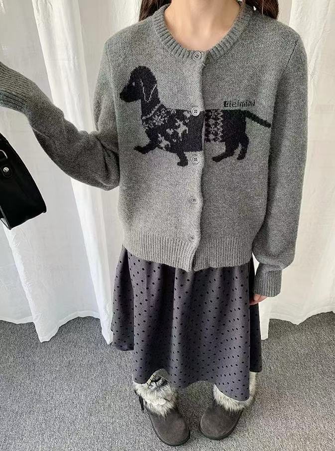 Retro Sausage Dog Jacquard Cardigan   OL2184