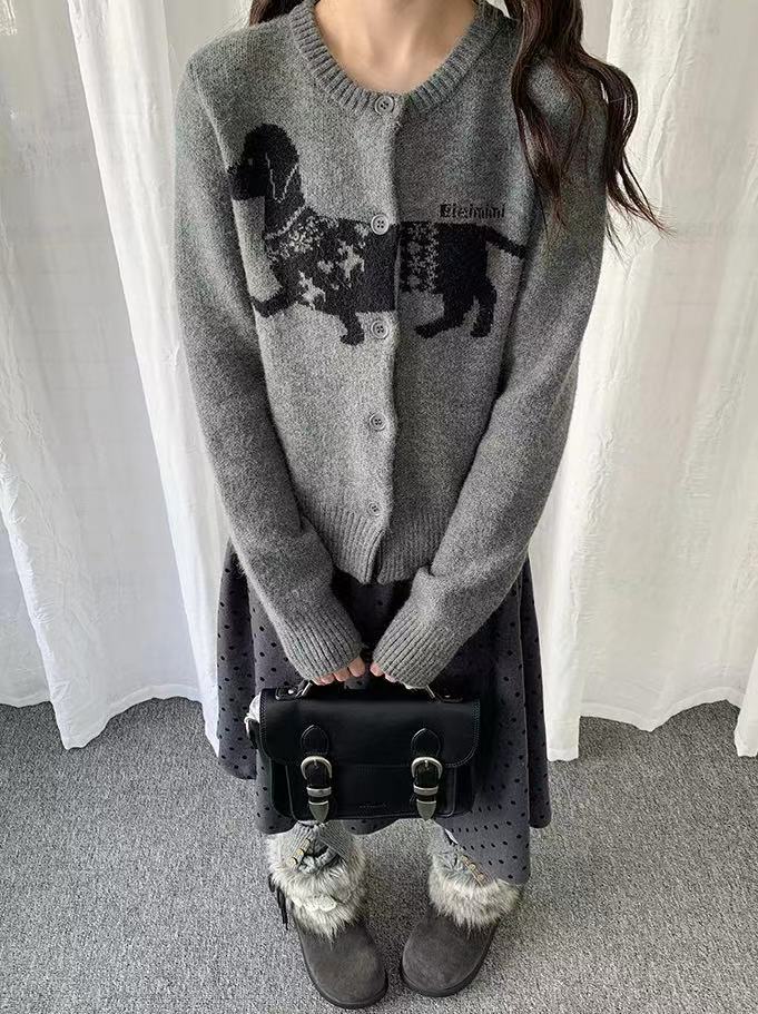 Retro Sausage Dog Jacquard Cardigan   OL2184