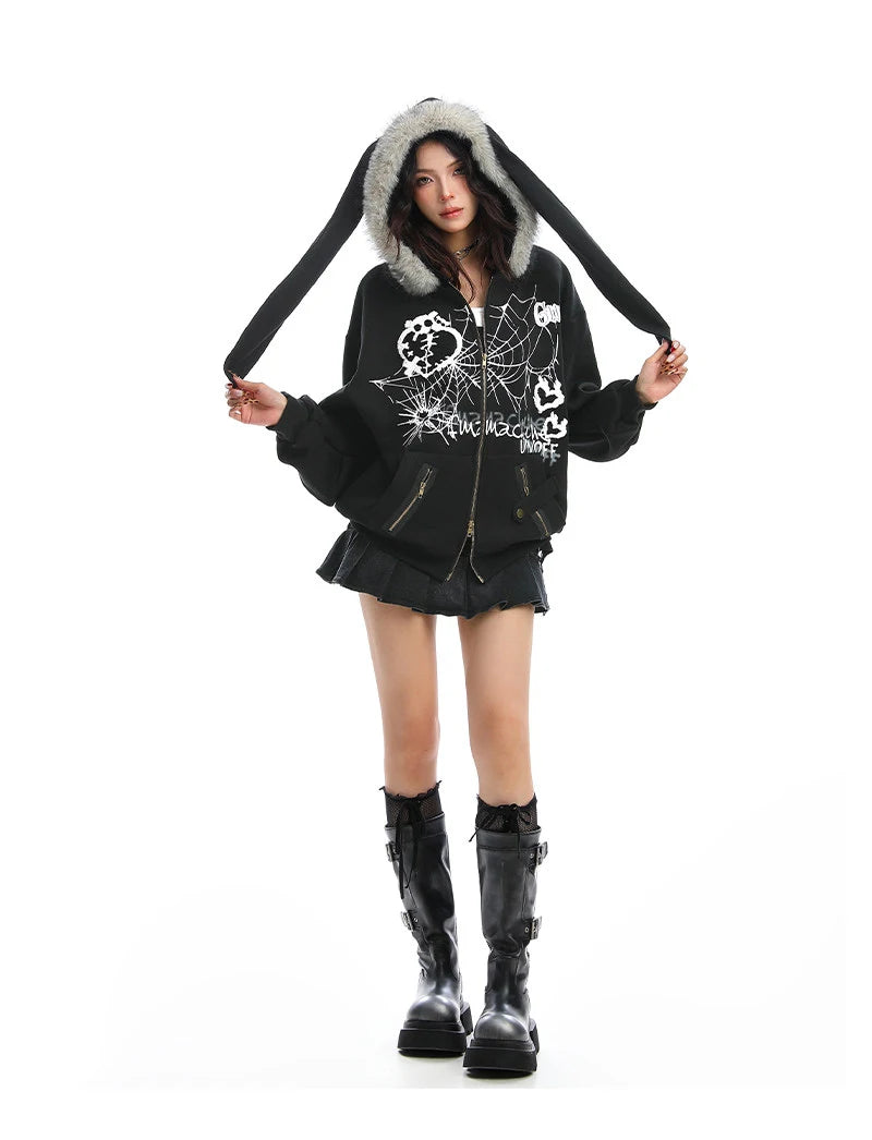 Y2K Bunny Ear Faux Fur Zip Hoodie   OL2187