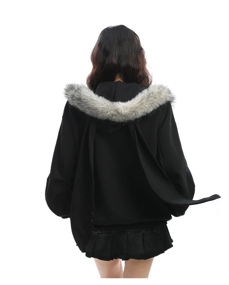 Y2K Bunny Ear Faux Fur Zip Hoodie   OL2187
